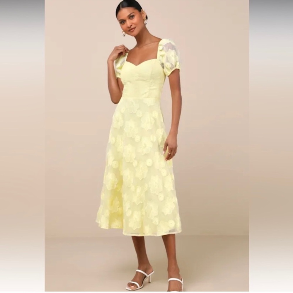 Lulus Sweetest Behavior Embroidered Puff Sleeve Midi Dress Size M Yellow